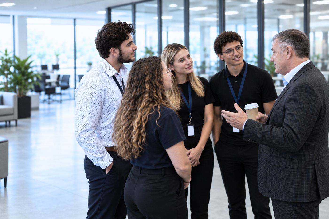Young people in conversation with a senior business leader